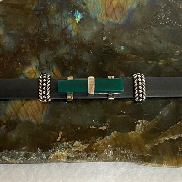 Sterling Silver 925 Rectangular Green Acrylic Black Banded Bracelet 7.5" - Picture 13 of 16